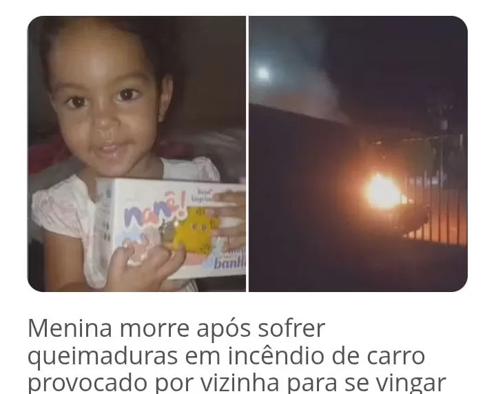 Menina morre após sofrer queimaduras em incêndio de carro